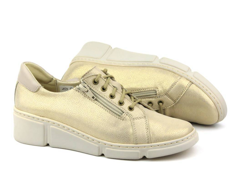 Skórzane sneakersy damskie z połyskiem - Wasak  0681, złote