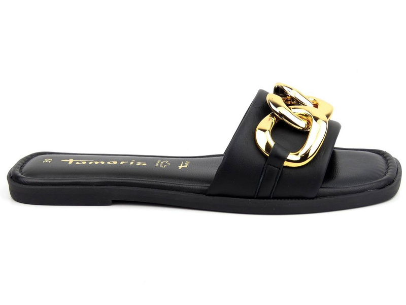 Klapki damskie ze srebrnym łańcuchem - TAMARIS 27119, czarne