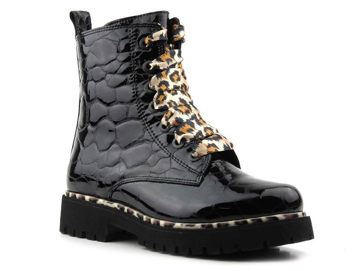 Lakierowane botki, trapery damskie z panterką - PIAZZA 960035-01, czarne
