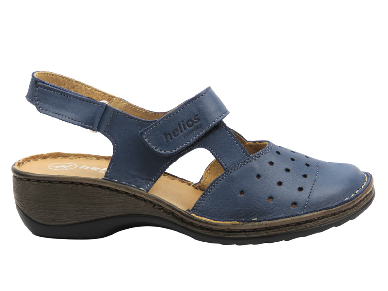 Skórzane sandały damskie na koturnie granatowe Helios Komfort 150