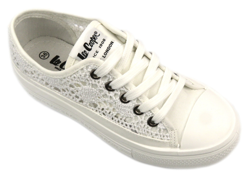 Koronkowe trampki damskie na platformie - Lee Cooper LCW-23-44-1617L, białe