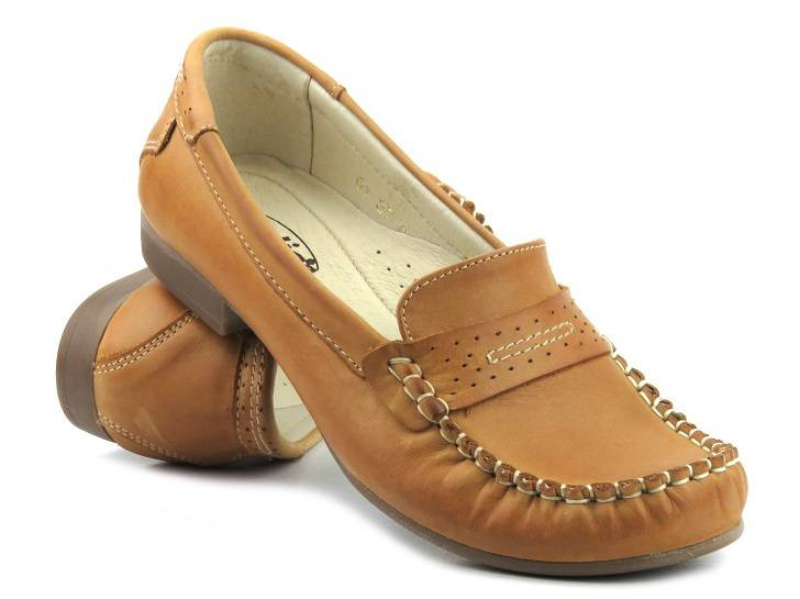 Skórzane mokasyny damskie ze skóry naturalnej - Helios J.01, brązowe