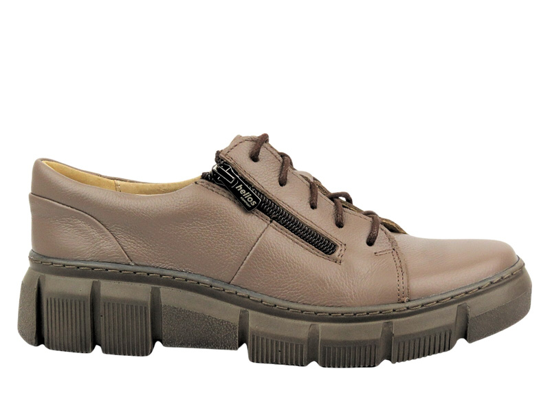 Skórzane Półbuty Damskie Polskiej Marki - HELIOS Komfort 413 Khaki - Na Zamek