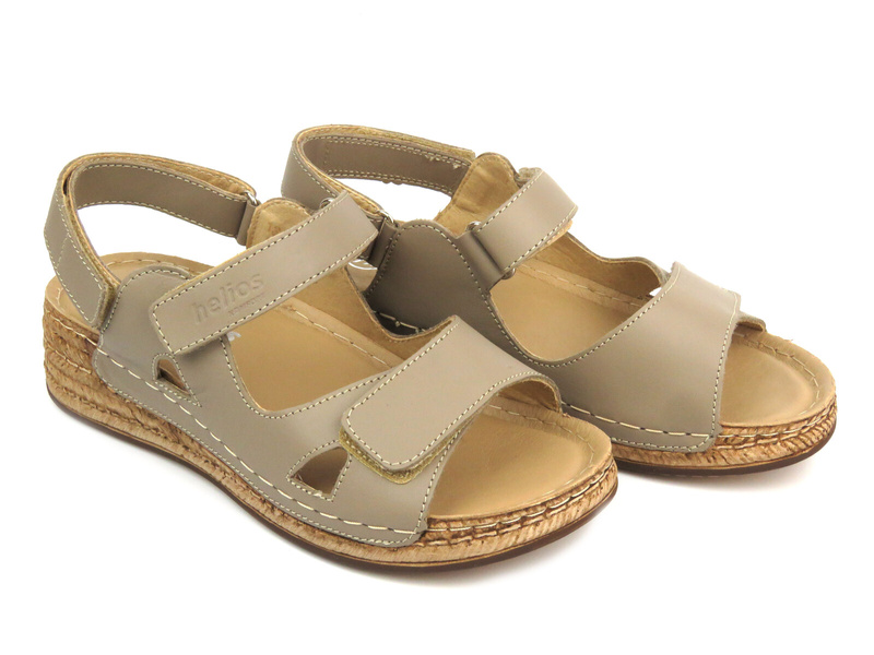 Skórzane sandały damskie na rzepy - Helios 138, capucino