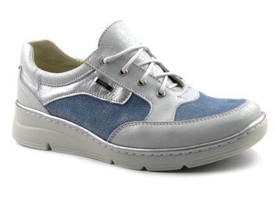 Skórzane półbuty damskie z błyszczącą cholewką - HELIOS Komfort 394, srebrne