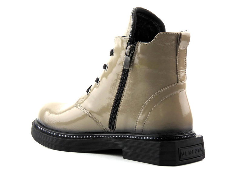 Botki damskie ze skóry lakierowanej - VENEZIA 03-VAN MINK, beżowe