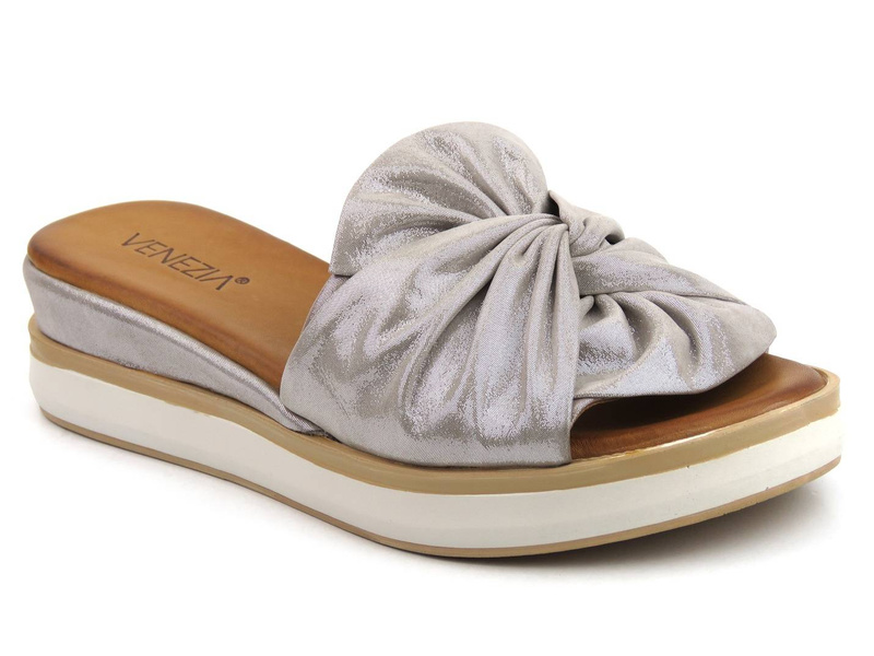 Skórzane klapki damskie z kokardą - VENEZIA 0301330111, szare