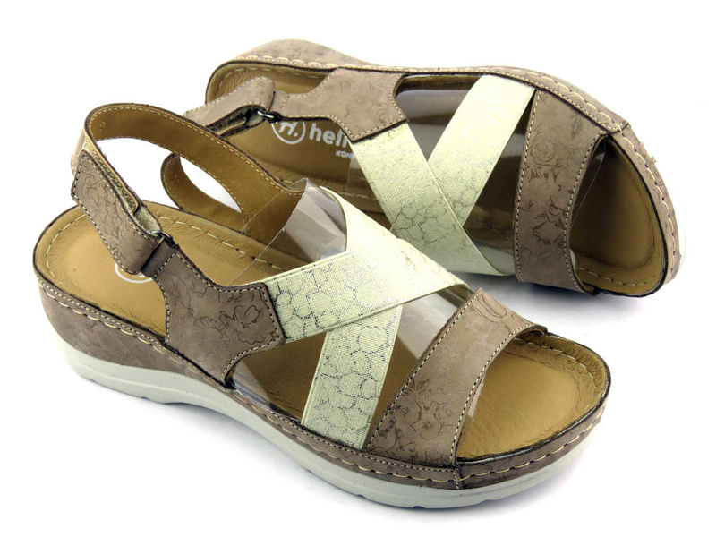 Skórzane sandały damskie na koturnie - HELIOS Komfort 100, beż 2