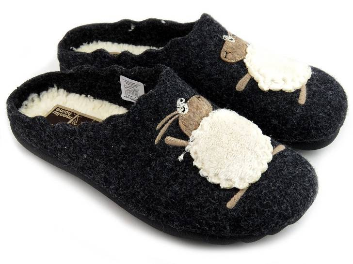 Filcowe kapcie damskie z wełną - MANITU 320088-01, czarne z owieczką