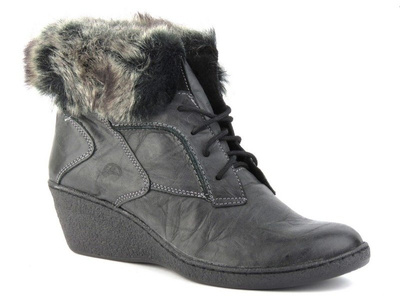 Skórzane botki damskie ocieplone wełną - HELIOS Komfort 615, grafitowe