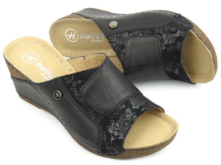 Skórzane klapki damskie na koturnie - HELIOS Komfort 202, czarne