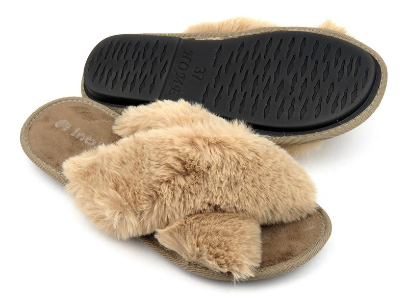 Miękkie kapcie damskie z futerkiem - INBLU 68-6D, beżowe