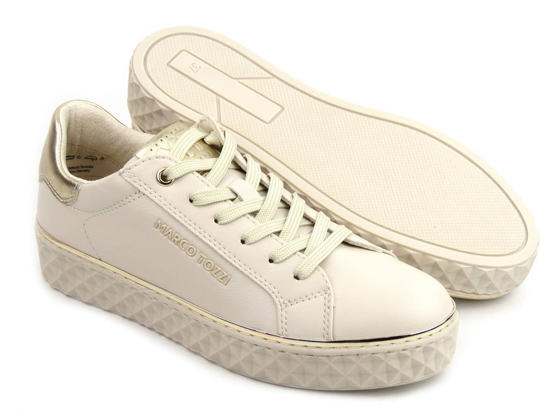 Sneakersy damskie ze skóry ekologicznej - MARCO TOZZI 2-23705-41, beżowe ze złotem