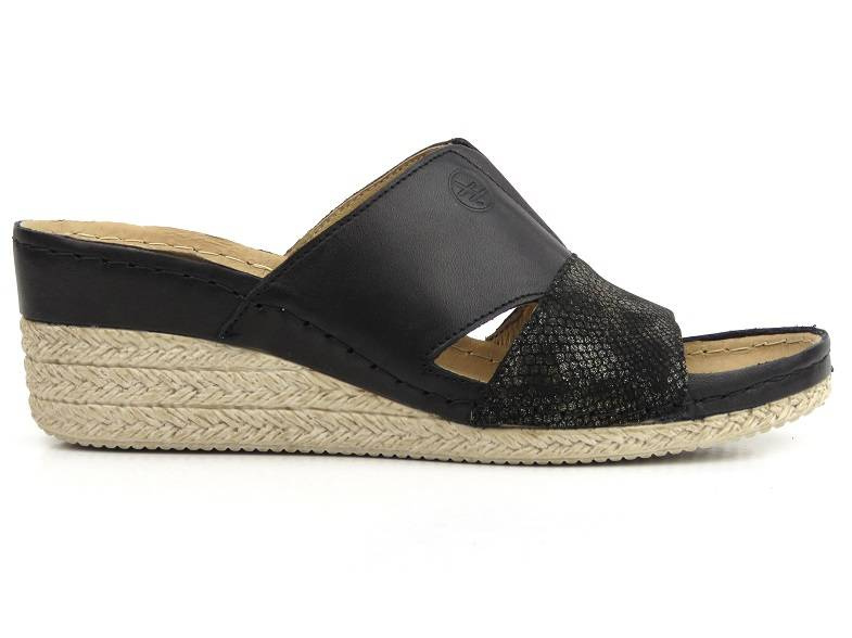 Skórzane klapki damskie na koturnie - HELIOS Komfort 295, czarne