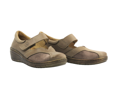 Skórzane półbuty damskie na rzep - HELIOS Komfort 425, beżowe