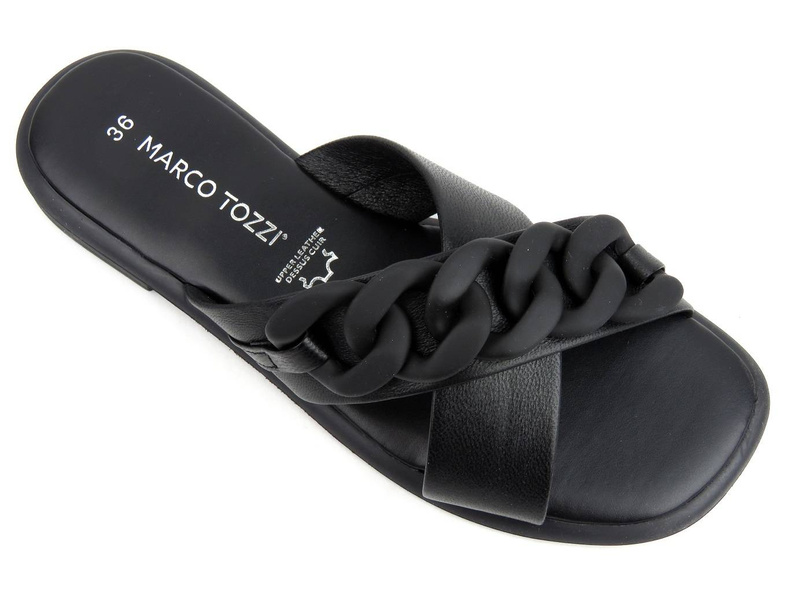 Skórzane klapki damskie z ozdobnym łańcuchem - MARCO TOZZI 27121, czarne