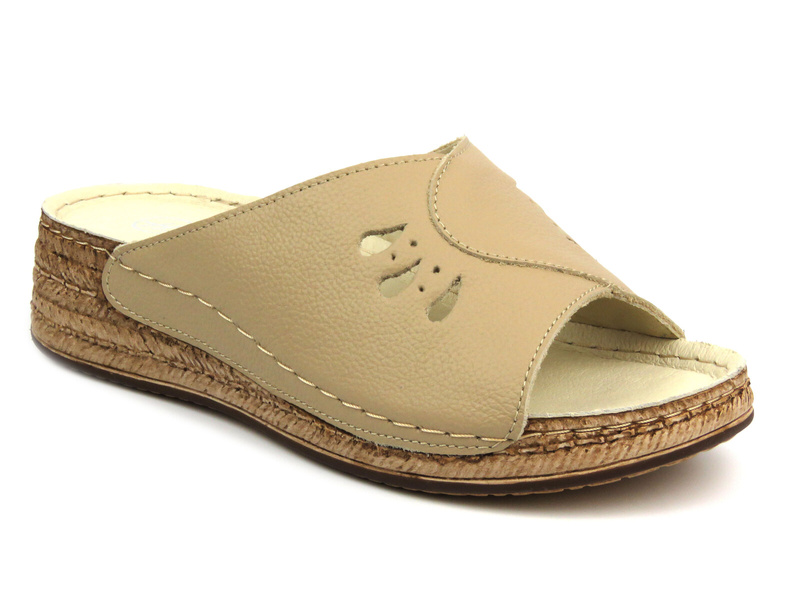 Skórzane klapki damskie - Helios Komfort 137, ecru