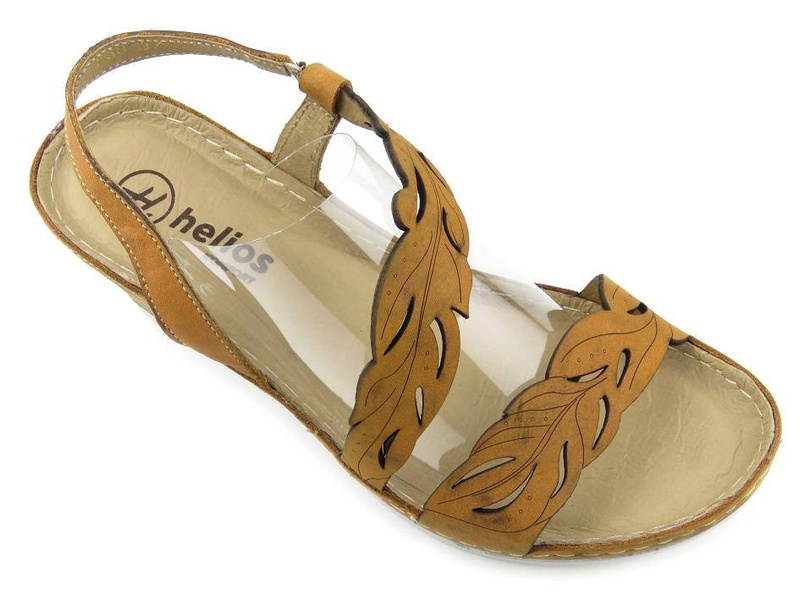 Skórzane sandały damskie na koturnie - HELIOS 268, jasnobrązowe