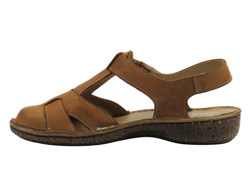 Skórzane sandały damskie z zabudowanym przodem brązowe Helios Komfort 152