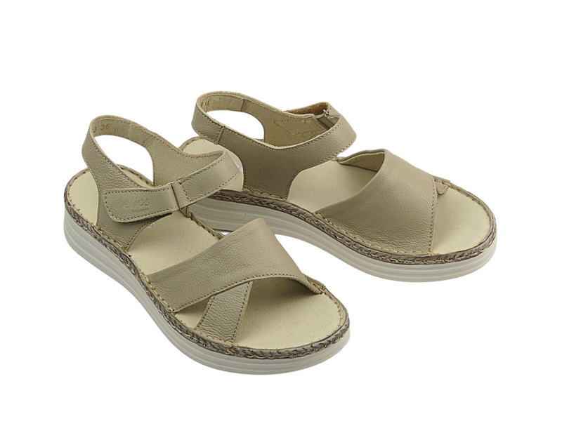 Skórzane sandały damskie ze skrzyżowanymi paskami ecru HELIOS Komfort 123