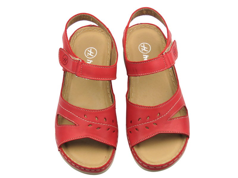 Skórzane sandały damskie na rzep czerwone Helios Komfort 142