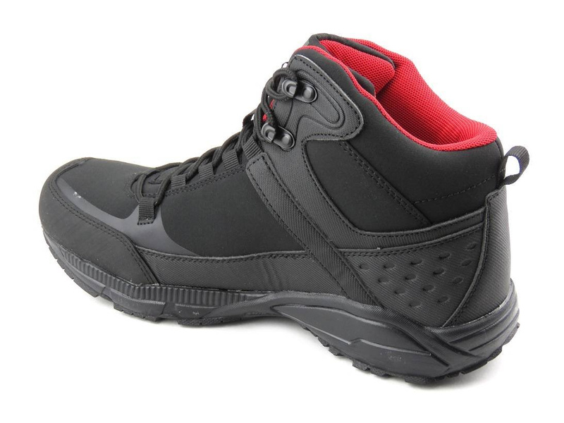Wysokie trekkingi męskie z materiałem softshell - DK 1751, czarne z czerwienią
