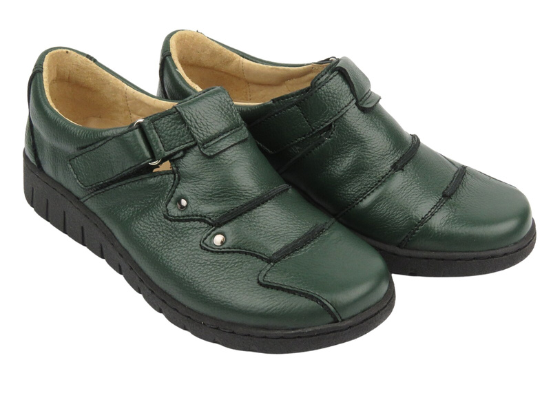 Skórzane półbuty damskie zapinane na rzep - Helios Komfort 780-2S, zielone