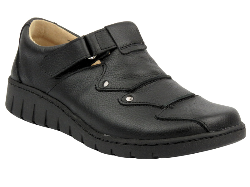 Skórzane półbuty damskie zapinane na rzep - Helios Komfort 780-2S, czarne