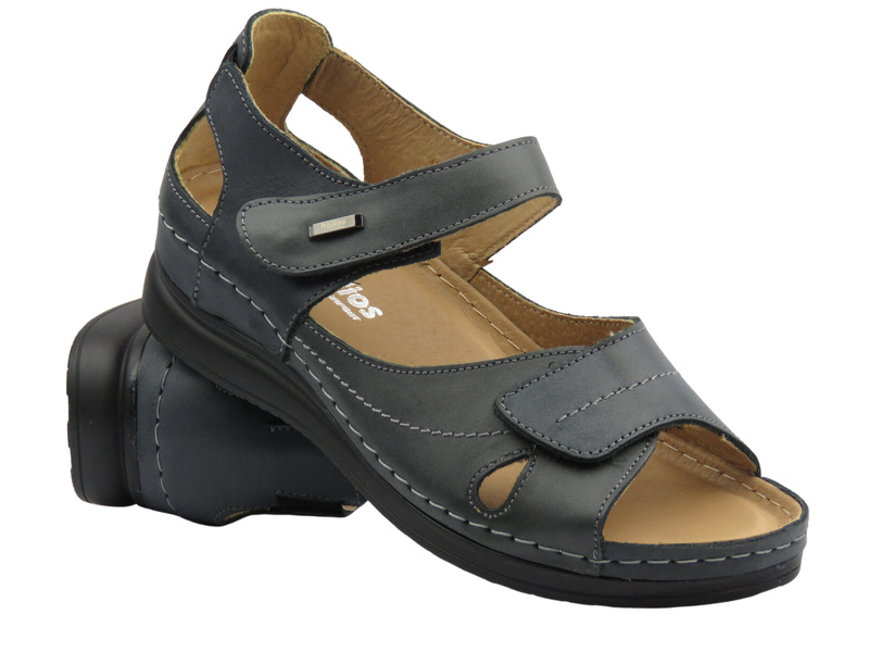 Skórzane sandały damskie na rzepy grafitowe Helios Komfort 139