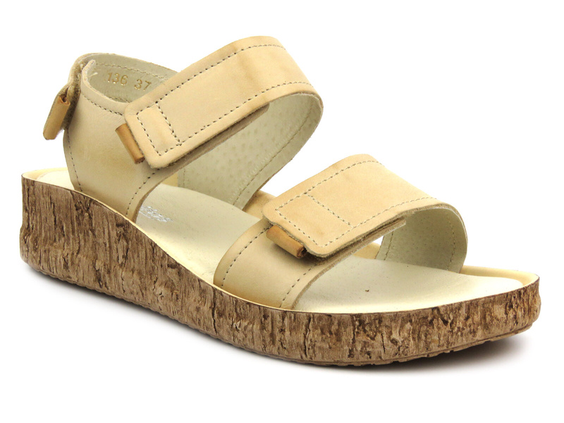 Skórzane sandały damskie na rzepy - Helios 136, jasnobeżowe