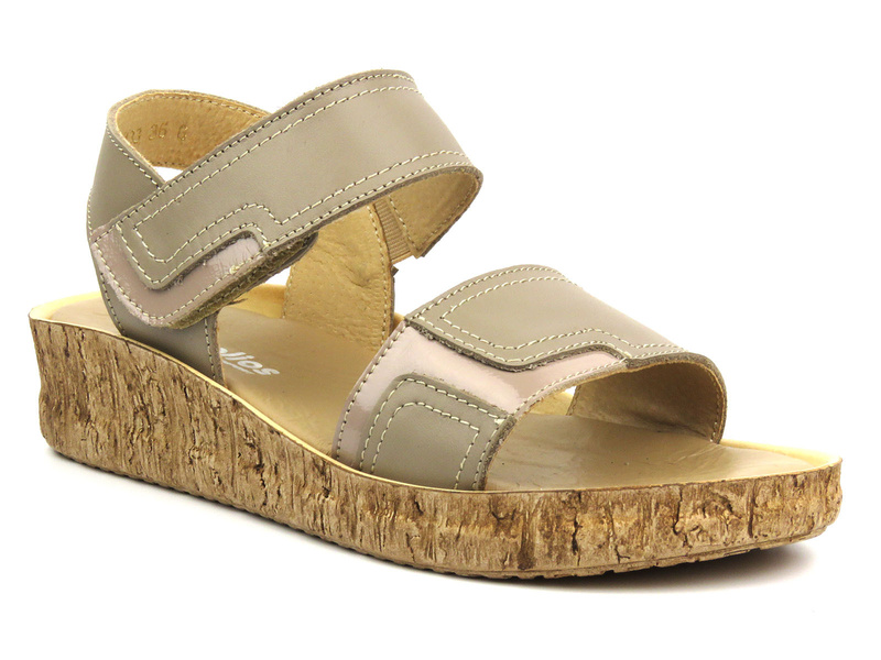 Skórzane sandały damskie na platformie - HELIOS Komfort 133, capucino