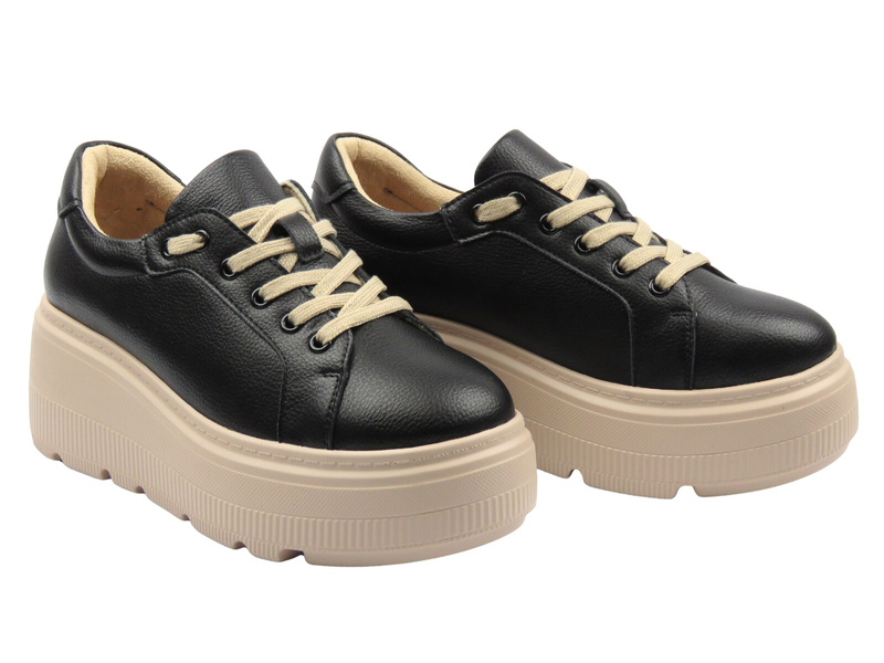 Skórzane sneakersy damskie na platformie czarne Cambell 25-19374
