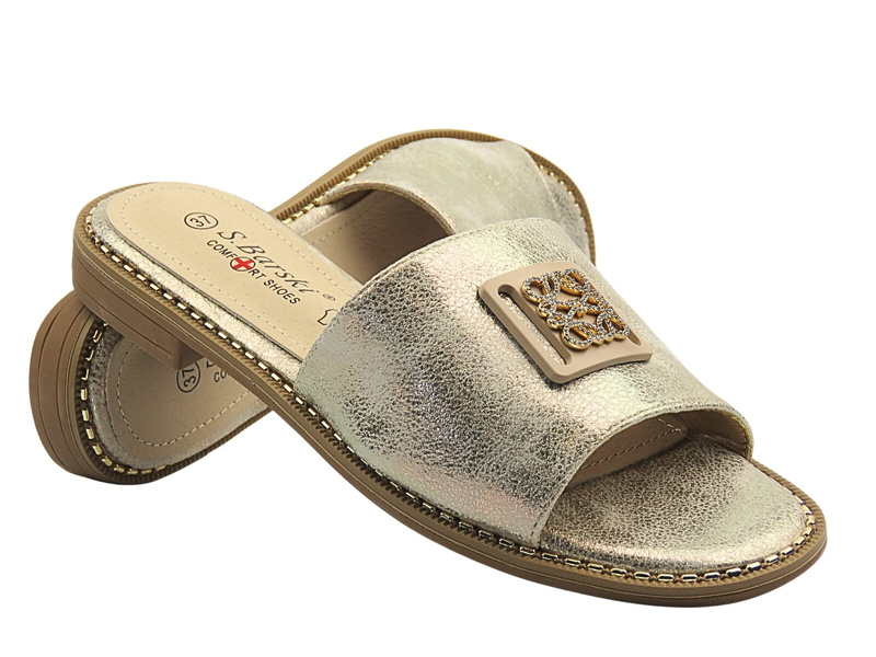 Klapki damskie - S. Barski KV51-089, złote ozdobna klamra