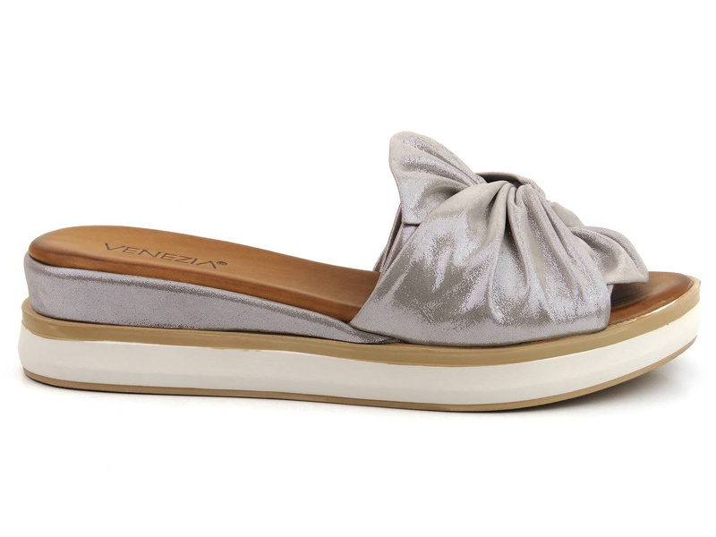 Skórzane klapki damskie z kokardą - VENEZIA 0301330111, szare