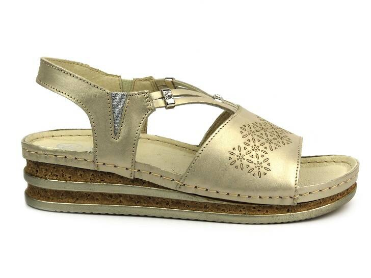 Skórzane sandały damskie na delikatnym koturnie - HELIOS Komfort 125, złote