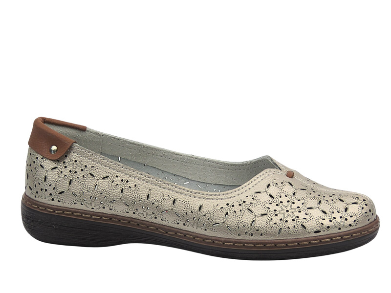 Skórzane półbuty, baleriny damskie złote Evento 25PB17-8357