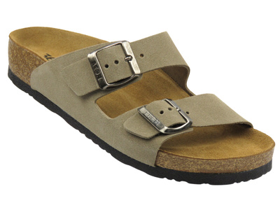 Skórzane klapki damskie z klamrami szare Leon 4010