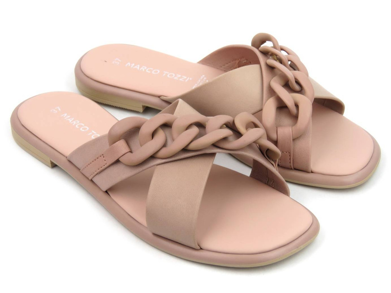 Skórzane klapki damskie z łańcuchem - MARCO TOZZI 27121, różowe