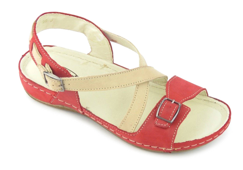 Skórzane sandały damskie polskiej marki Helios Komfort 215, czerwone