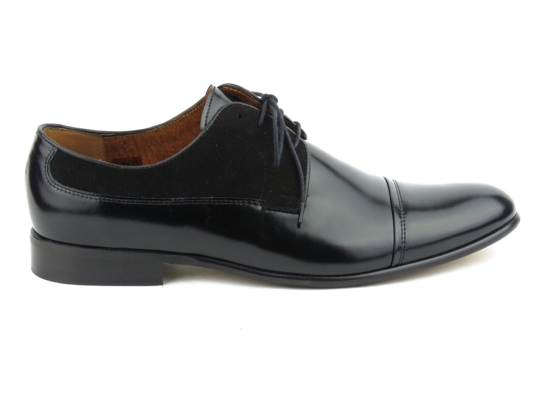 Skórzane półbuty męskie wizytowe z dwóch rodzajów skór - Conhpol 6066, czarne