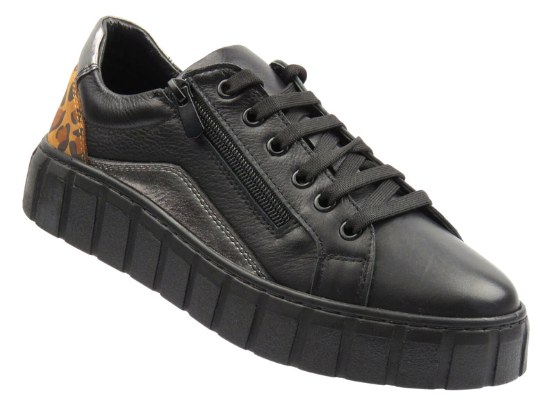 Skórzane półbuty damskie Sokolski J25-404, czarne z panterką