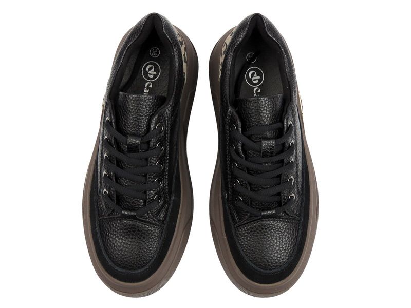 Skórzane sneakersy damskie na platformie - Cambell 25-19343, czarne