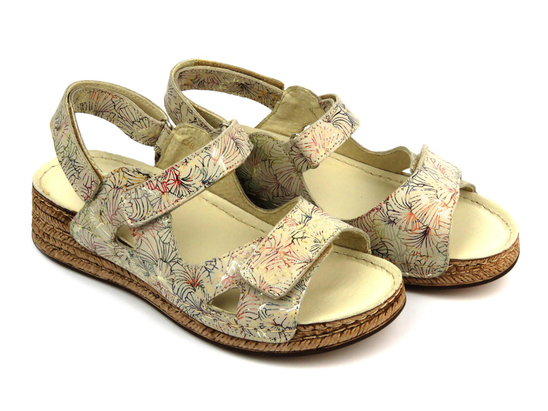 Skórzane sandały damskie na rzepy - Helios 138, ecru w kwiaty