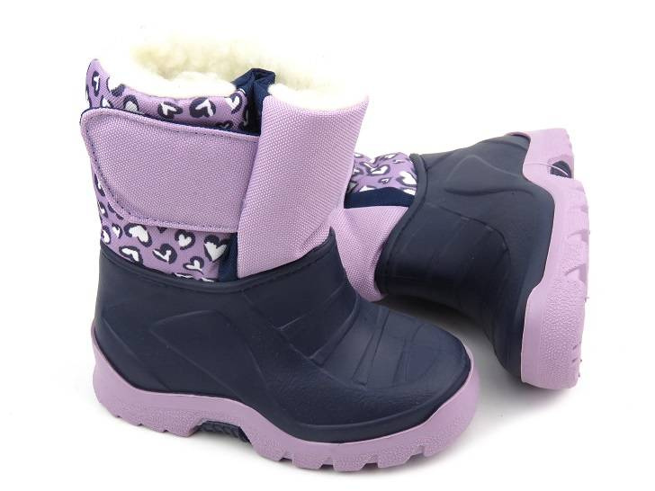 Ciepłe śniegowce dziecięce na rzep - Manitu 120003-59, fioletowe z serduszkami