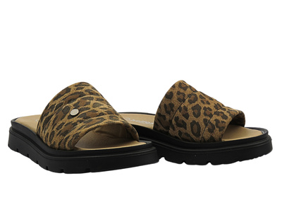 Skórzane klapki damskie brązowe w panterkę Helios Komfort 156