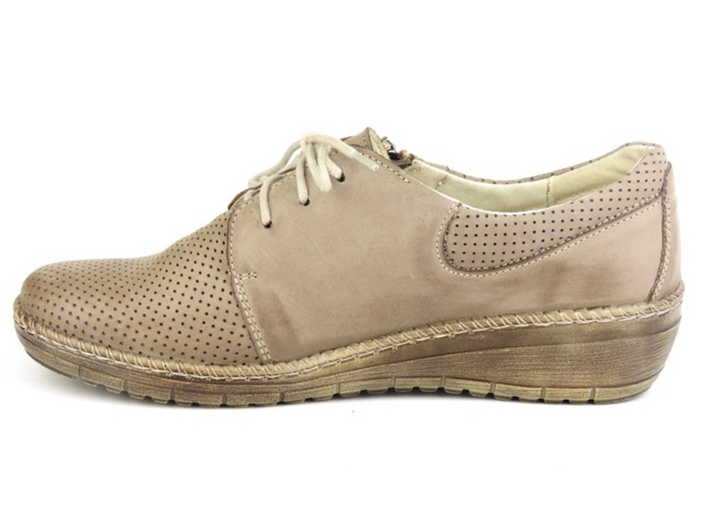 Skórzane półbuty damskie z suwakiem i sznurowaniem - Helios Komfort 328, beżowe
