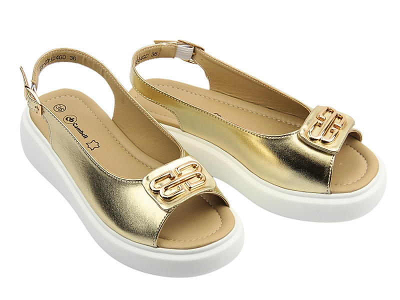 Skórzane sandały damskie na platformie złote Cambell 25-07324