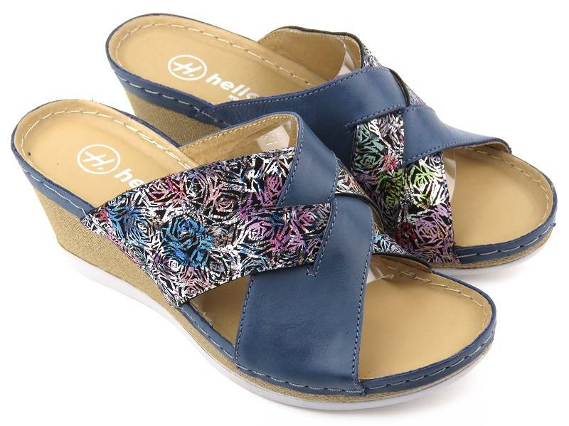 Skórzane klapki damskie na koturnie - HELIOS Komfort 297, granatowe