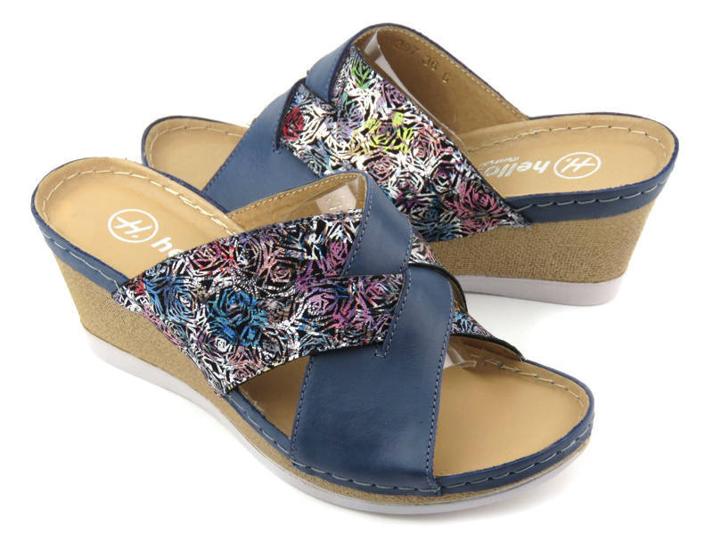 Skórzane klapki damskie na koturnie - HELIOS Komfort 297, granatowe