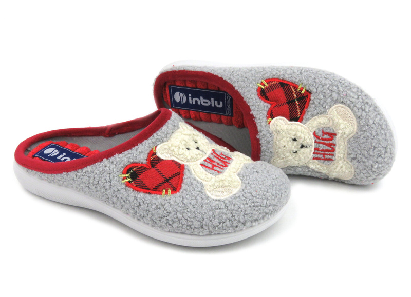 Ciepłe kapcie damskie, młodzieżowe- INBLU EC-95, szare z misiem